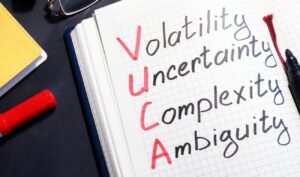 Notizbuch mit der Aufschrift „Volatilität, Unsicherheit, Komplexität, Mehrdeutigkeit“